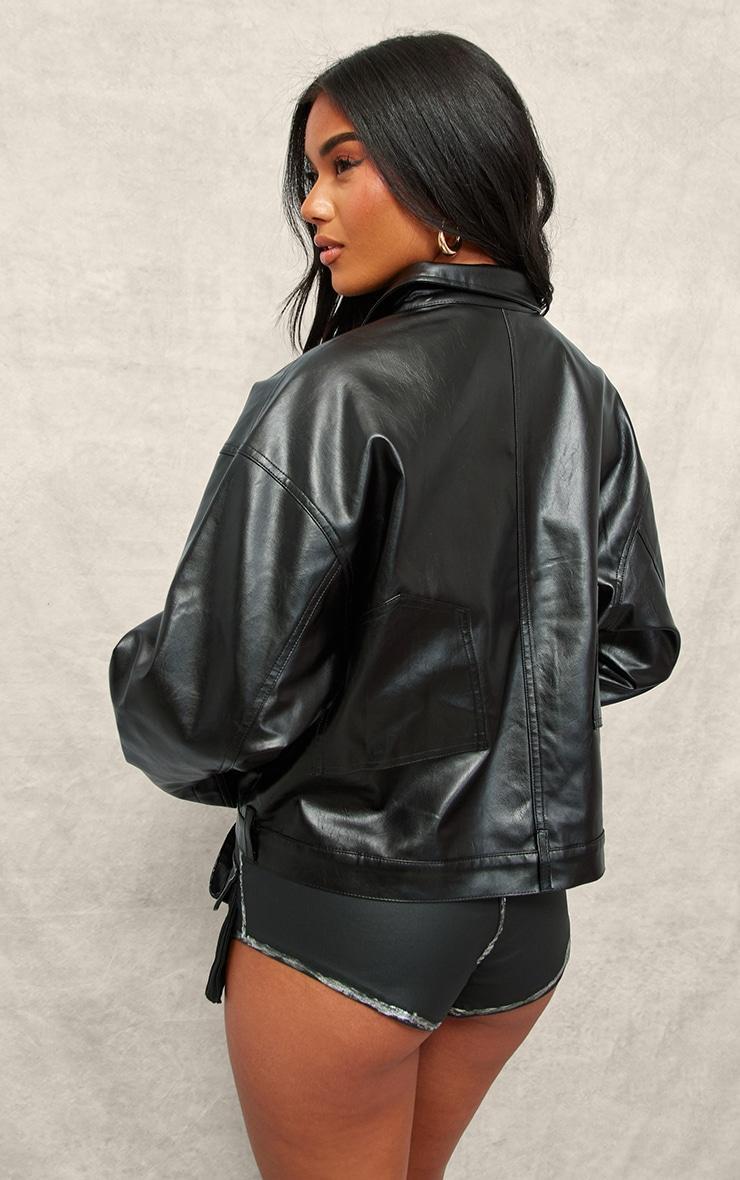 Black Faux Leather Upside Down Pocket Jacket Product Image