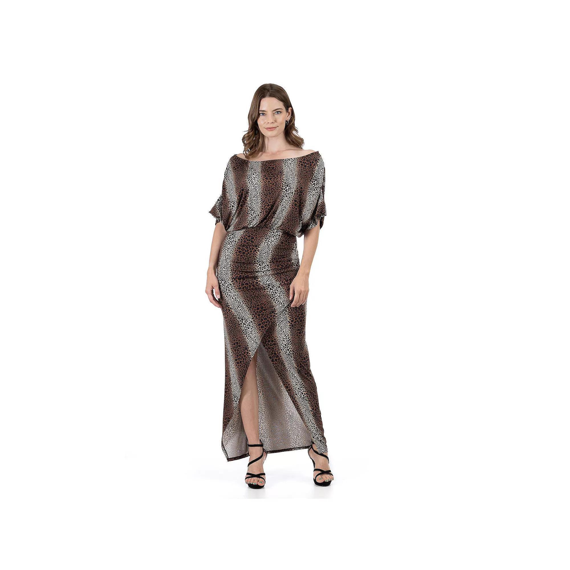 Women's 24Seven Comfort Apparel Long Sleeve Wide Boatneck Side Slit Maxi Dress, Size: 1XL, Brown Team Product Image