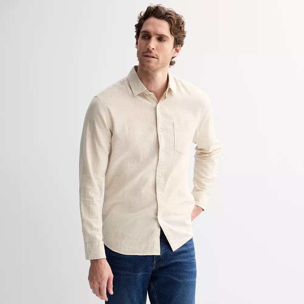 Men's Sonoma Goods For Life® Perfect Length Long Sleeve Linen Shirt, Size: Medium, Natural Product Image