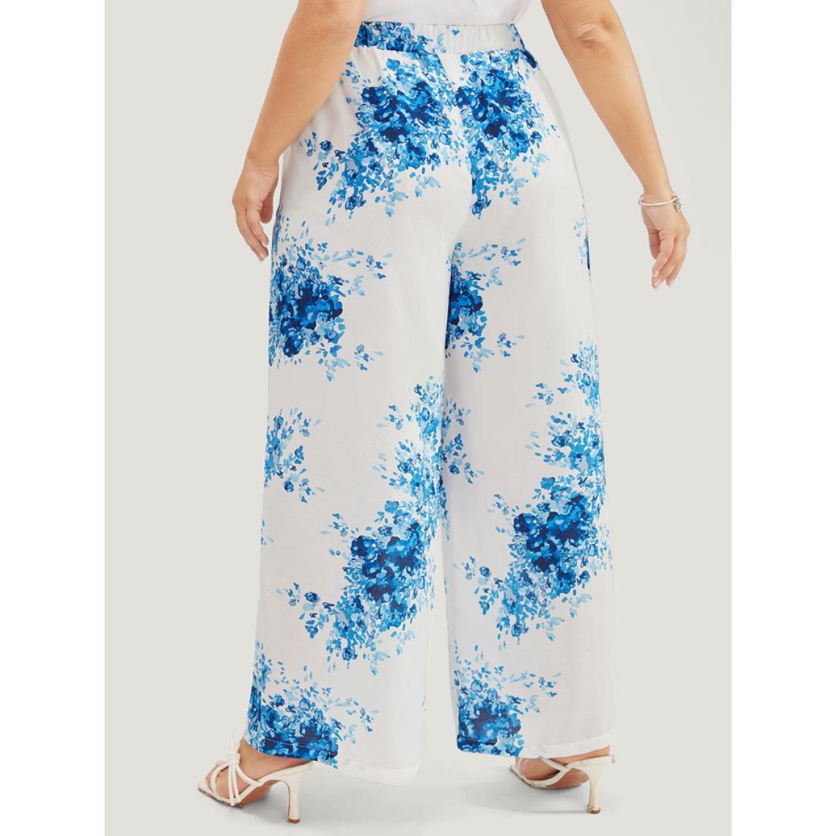 Plus Size Graphic Print Wide Leg Mid Rise Pocket Pants Women Cerulean Elegant Mid Rise Dailywear Pants BloomChic 22-24/3X Product Image