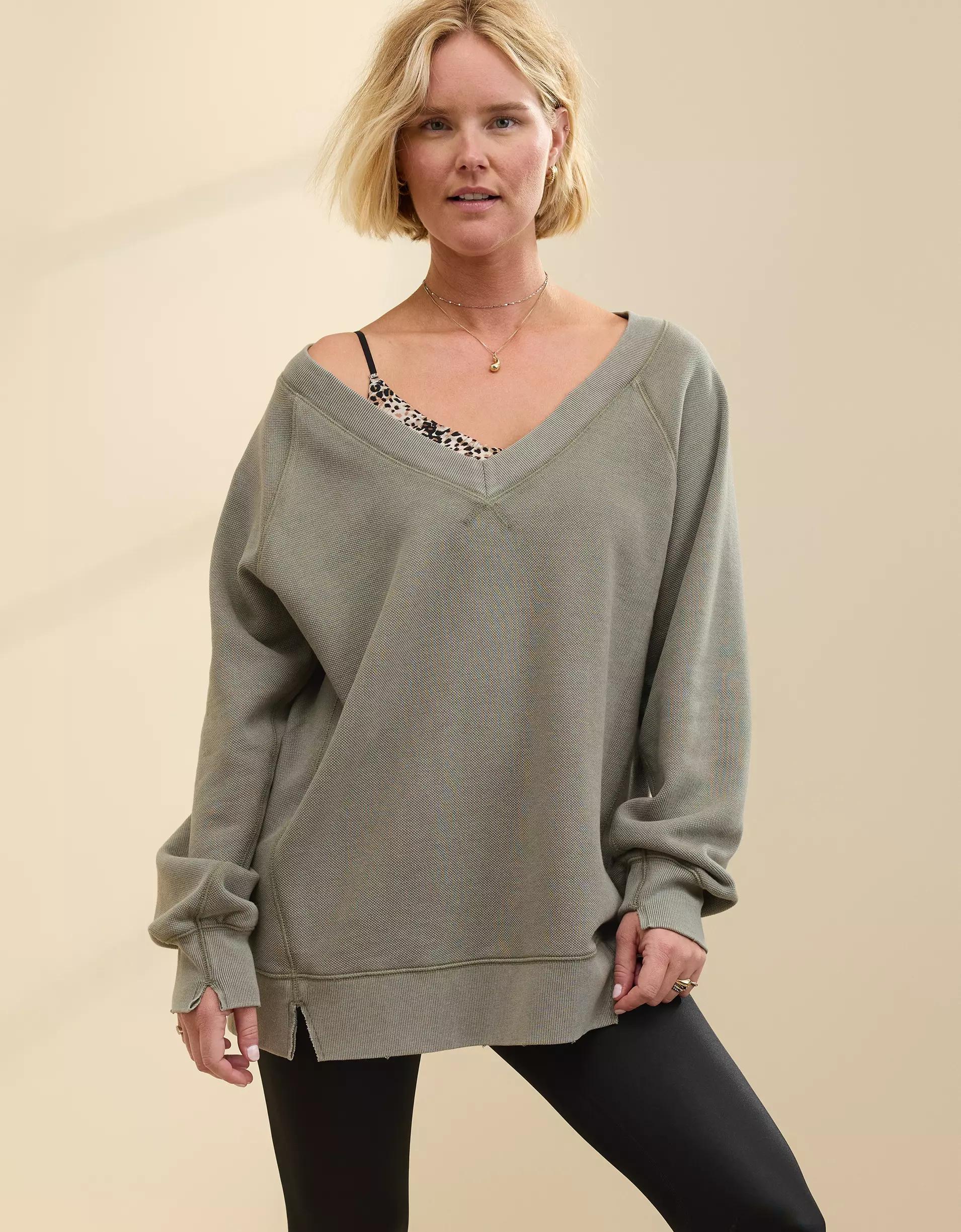 Aerie Downtime Textured V-Neck Sweatshirt Product Image