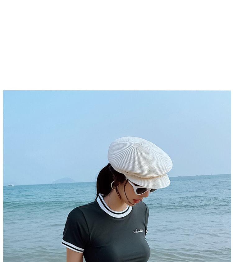 Short Sleeve Round Neck Lettering Print Striped Drawstring Swimdress Product Image