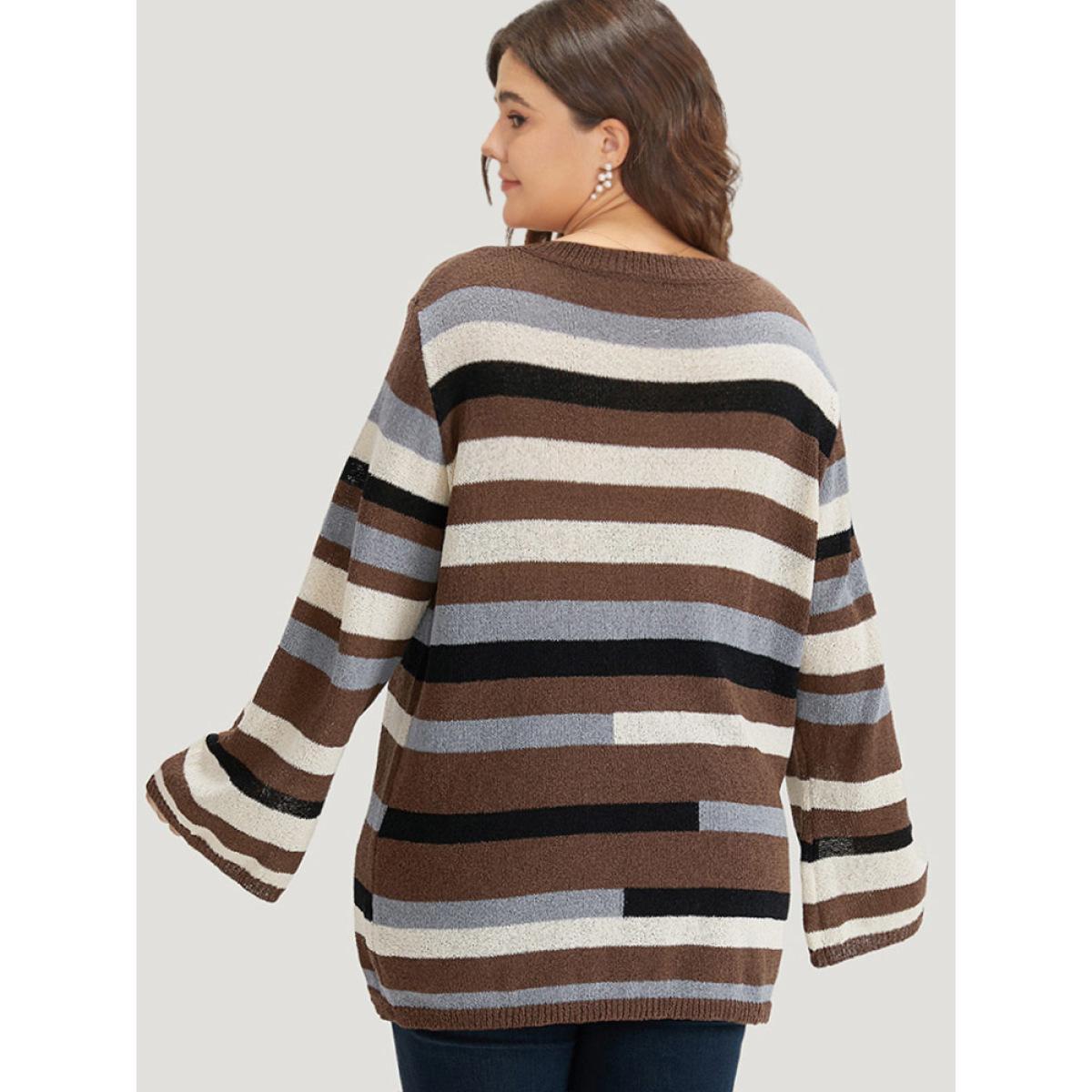 Plus Size Striped Colorblock Contrast V Neck Pullover Multicolor Women Casual Long Sleeve V-neck Dailywear Pullovers BloomChic 10/M Product Image