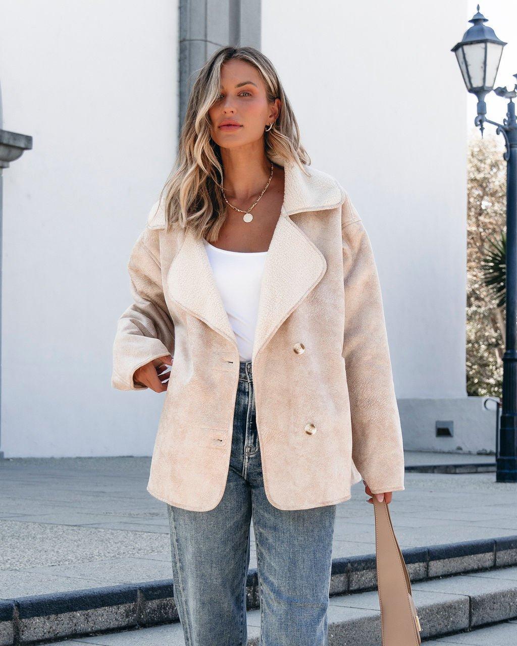 Muse By Magnolia Faux Suede Sherpa Jacket - Beige - FINAL SALE Female Product Image