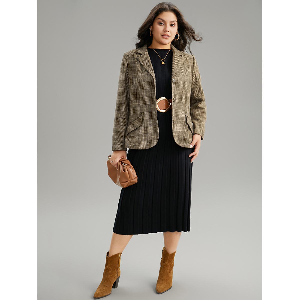 Plus Size Houndstooth Suit Collar Flap Pocket Button Up Blazer Tan Women Dailywear Houndstooth Contrast Sleeve Long Sleeve Suit Collar 30/6X Pocket Casual Blazers BloomChic Product Image