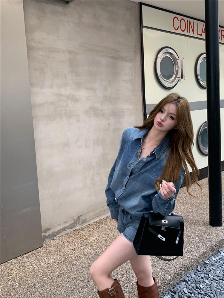 Set: Long-Sleeve Washed Button-Up Denim Shirt + Low Rise Hot Pants Product Image