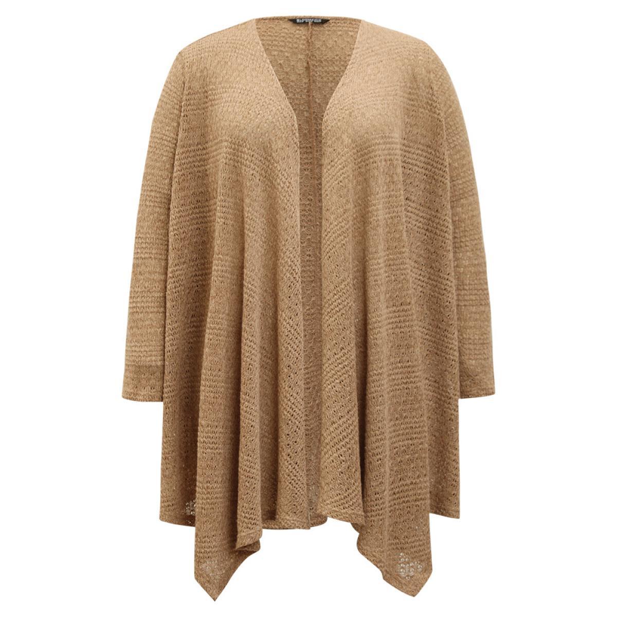 Plus Size Plain Texture Asymmetrical Hem Drape Kimono Women Tan Casual Drape Everyday Kimonos BloomChic 12/L Product Image