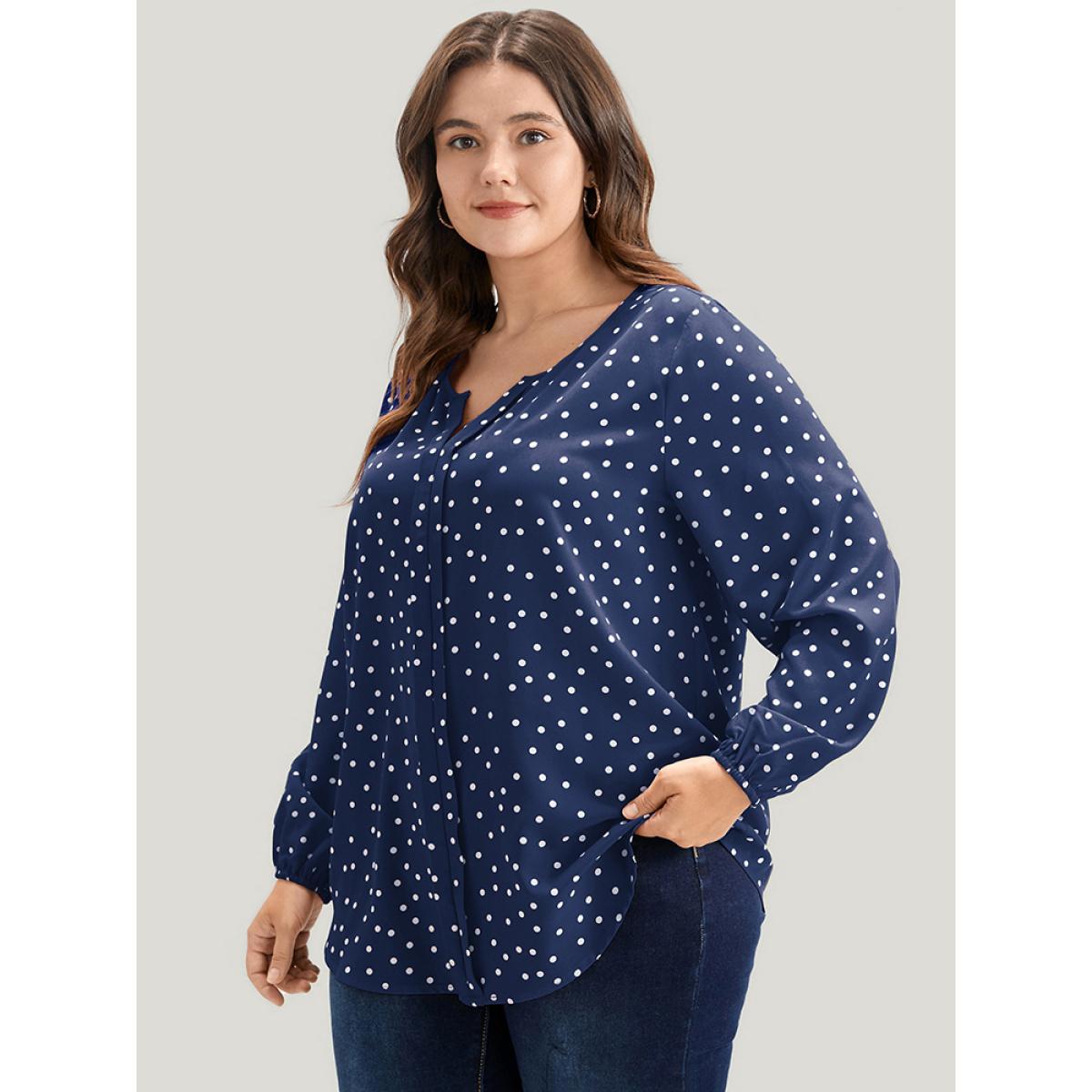 Plus Size Blue Polka Dot Lantern Sleeve Notched Blouse Women Elegant Long Sleeve V-neck Dailywear Blouses BloomChic 30/6X Product Image
