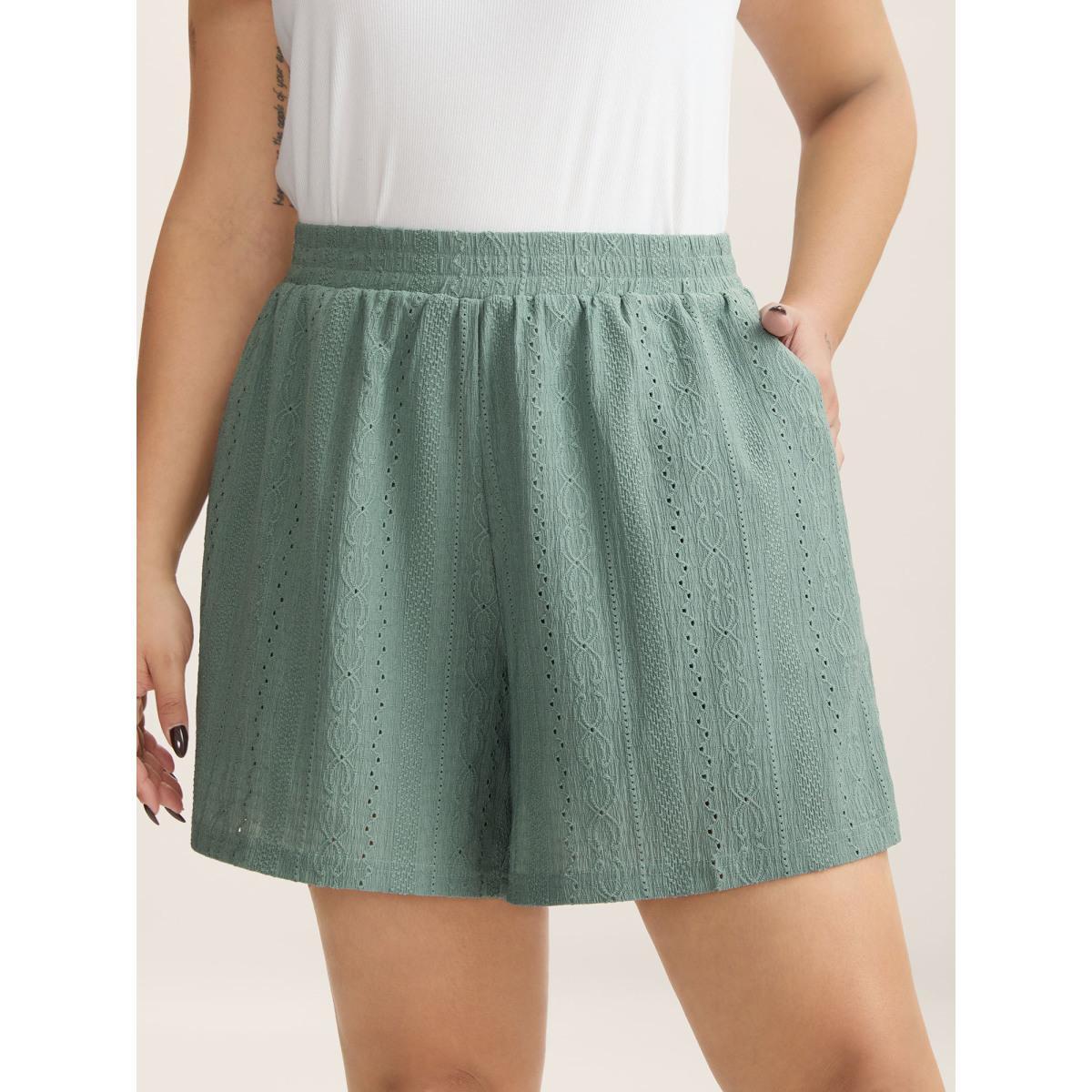 Plus Size Eyelet Trim Textured Breezy Shorts Women Greenbean Casual Texture Straight Leg Everyday-Casual Shorts BloomChic 10/M Product Image