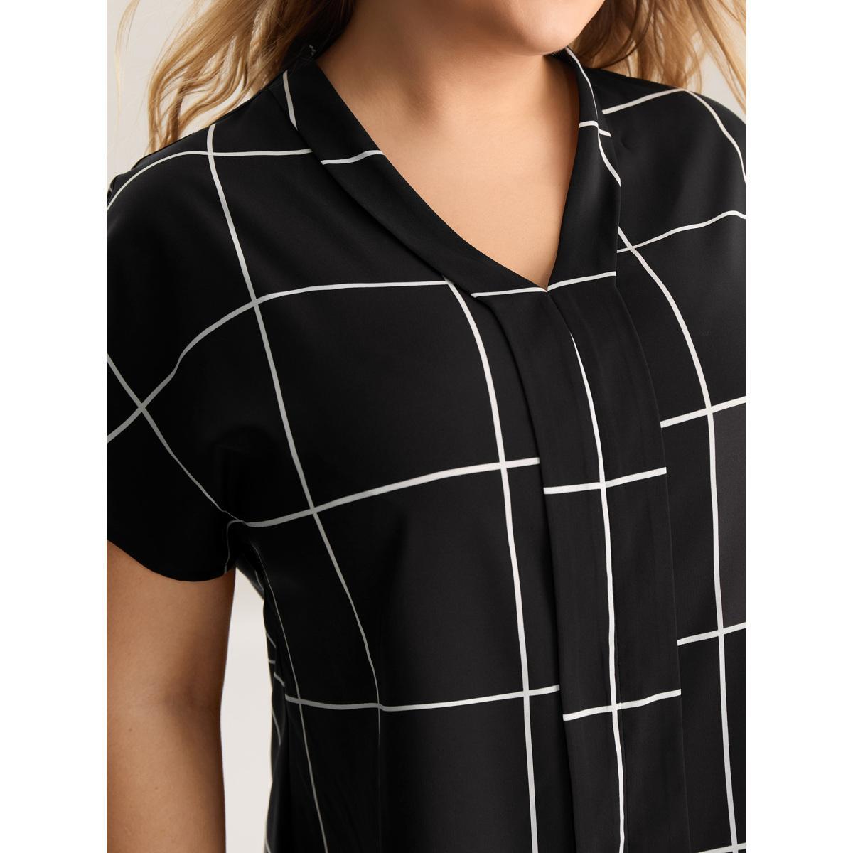 Plus Size Black Plaid Pattern Woven Placket Blouse Women Short sleeve V-neck Work Blouses BloomChic 30/6X Product Image
