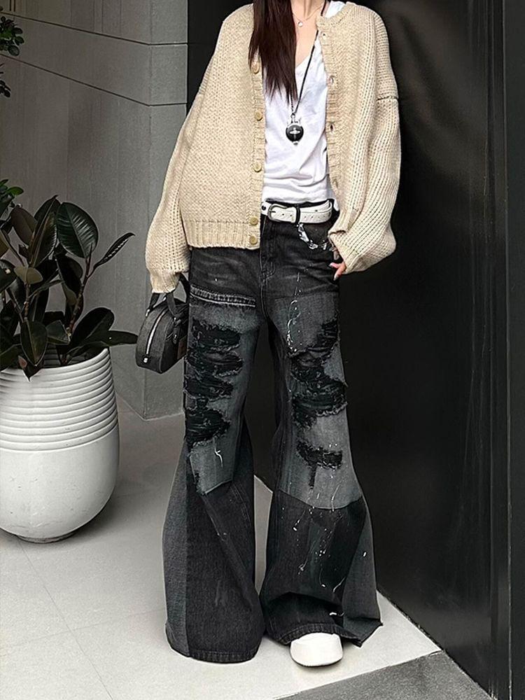Mid Rise Paneled Ripped Washed Flared Jeans Product Image