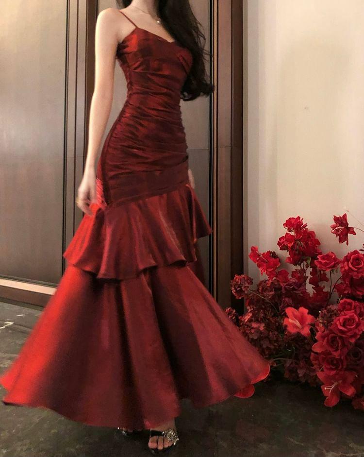 Spaghetti Strap V-Neck Plain Ruffle Panel Ruched Mermaid Evening Gown Product Image
