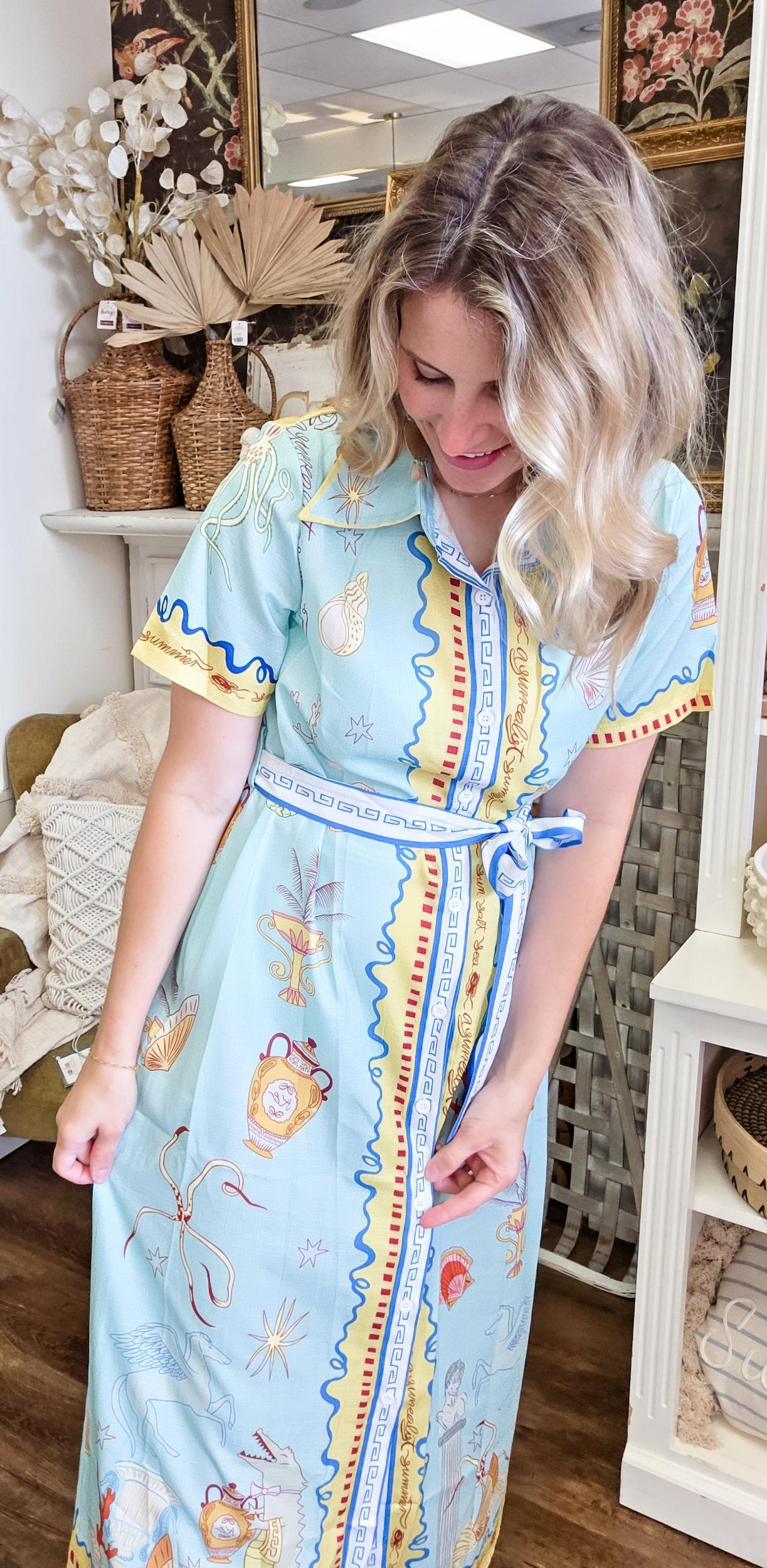 Take Me to Greece Midi Button Up Tie Dress (Small to 2XL) Product Image