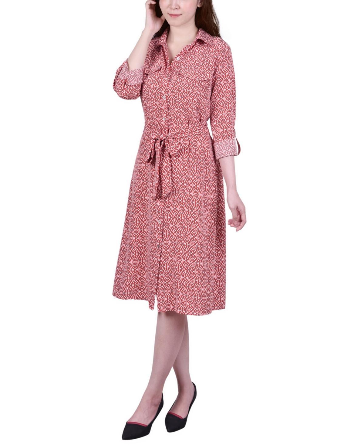 Ny Collection Petite Printed Long Sleeve Roll Tab Shirtdress Product Image