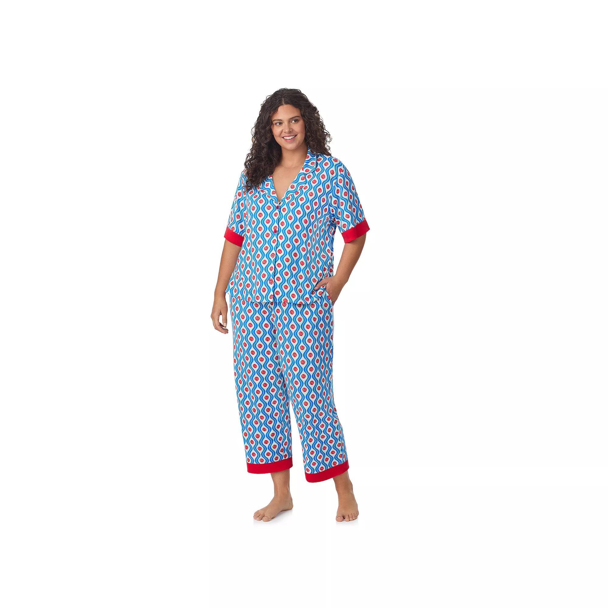 Plus Size Beauty Sleep Social 2-Piece Cozy Notch Pajama Top & Cropped Pajama Pants Set, Womens Product Image