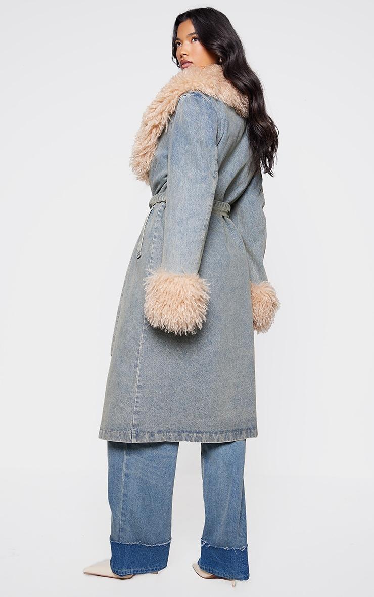 Vintage Faux Fur Trim Belted Trench Coat Product Image