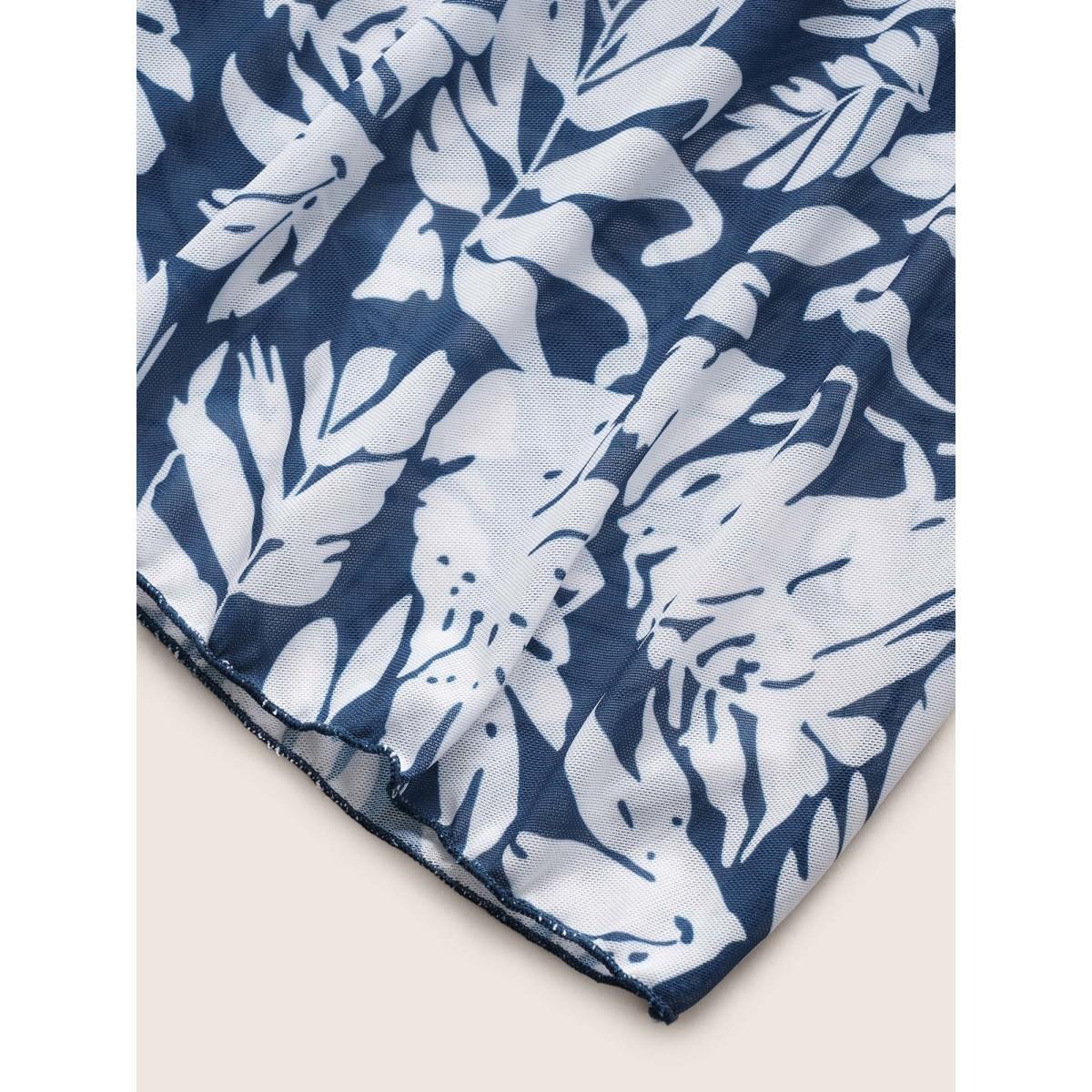Plus Size Tropical Print V Neck Sleeveless Swim Dress Women's Swimwear Indigo Beach Bodycon V-neck High stretch Curve Swim Dresses BloomChic 26/4X Product Image