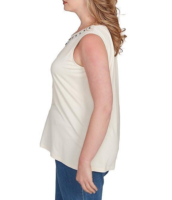 Ruby Rd. Plus Size Embroidered Soft Jersey Knit Embellished Crew Neck Sleeveless Top Product Image