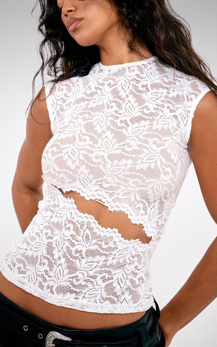 White Lace Cut Out Detail Long Top Product Image