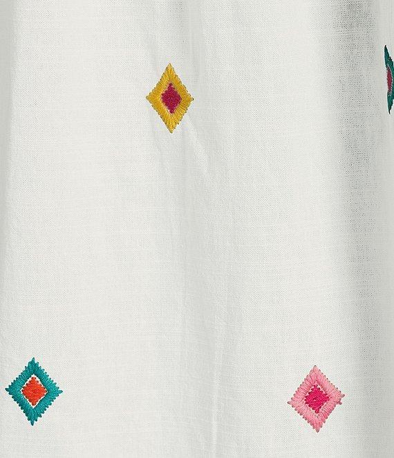 Calessa Embroidered Square Neck Short Puff Sleeve Tassel Hem Detail Tunic Product Image