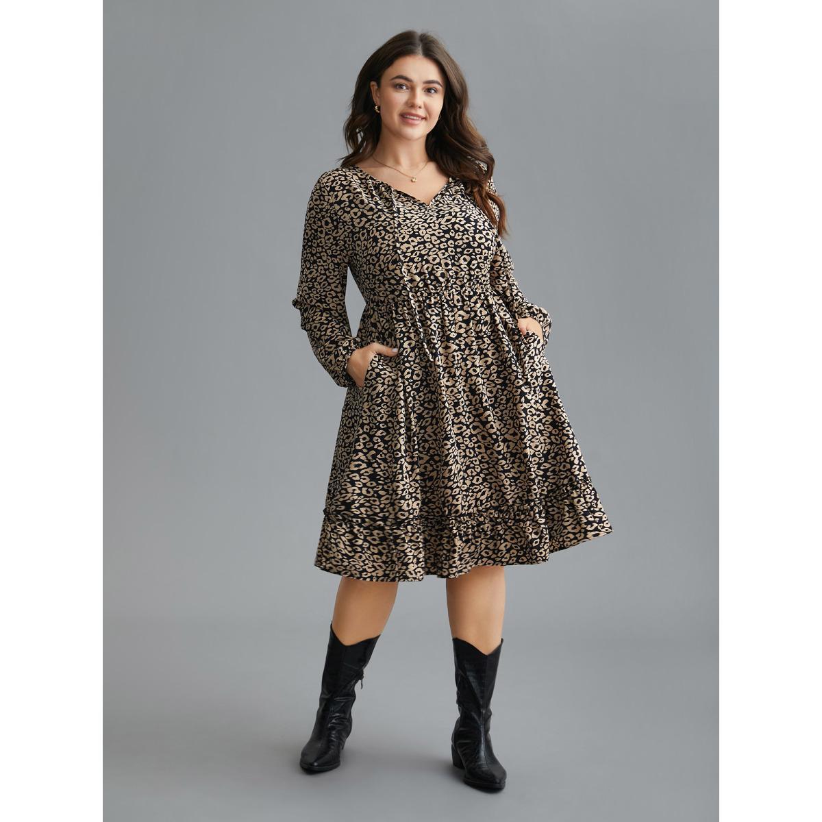 Plus Size Leopard Print Tiered Hem Pockets Midi Dress BlackFlower Women Elegant Tie knot V-neck Long Sleeve Curvy BloomChic 22-24/3X Product Image