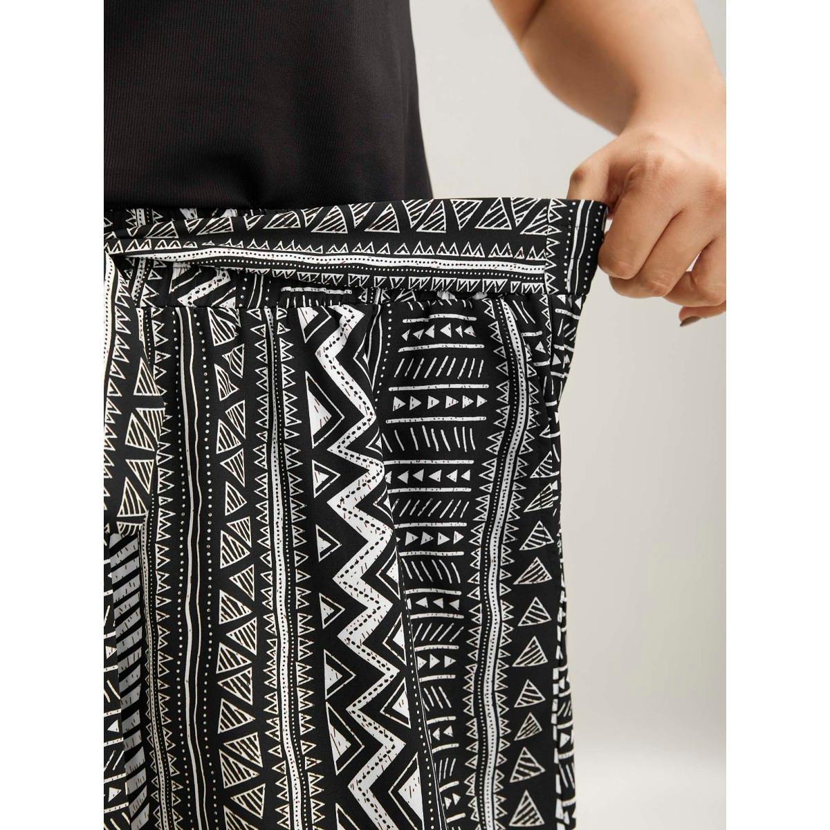 Plus Size Waist-Tie Wide-Leg Boho Print Pants Women Black Casual Wide Leg Mid Rise Everyday-Casual Pants BloomChic 12/L Product Image