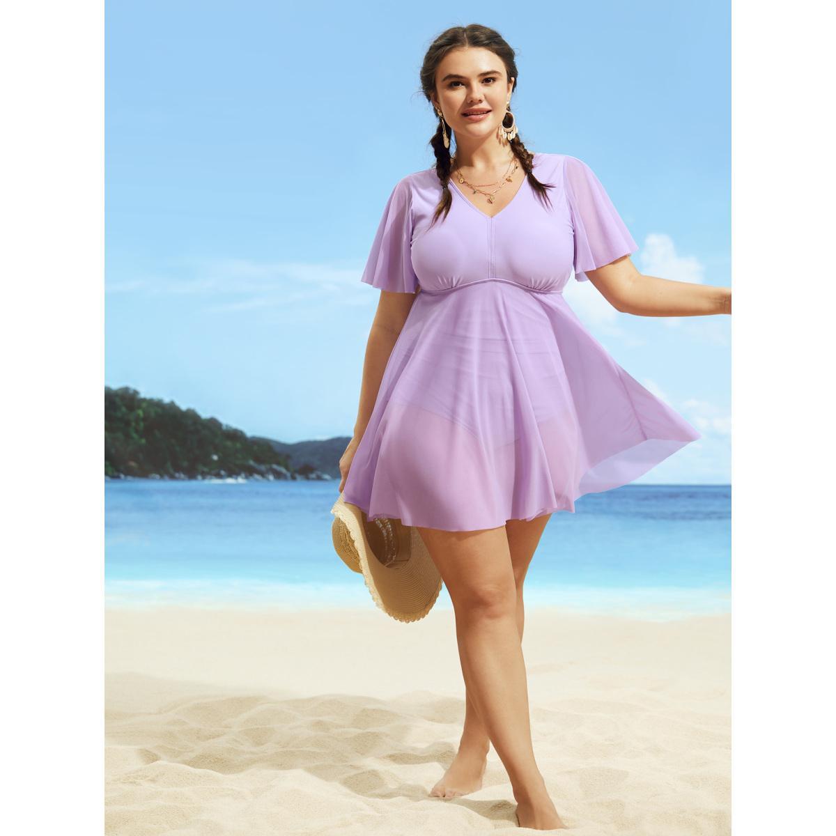 Plus Size Solid Patchwork See Through Ruffle Sleeve Swim Dress Women's Swimwear Lilac Beach Bodycon V-neck High stretch Curve Swim Dresses BloomChic 22-24/3X Product Image