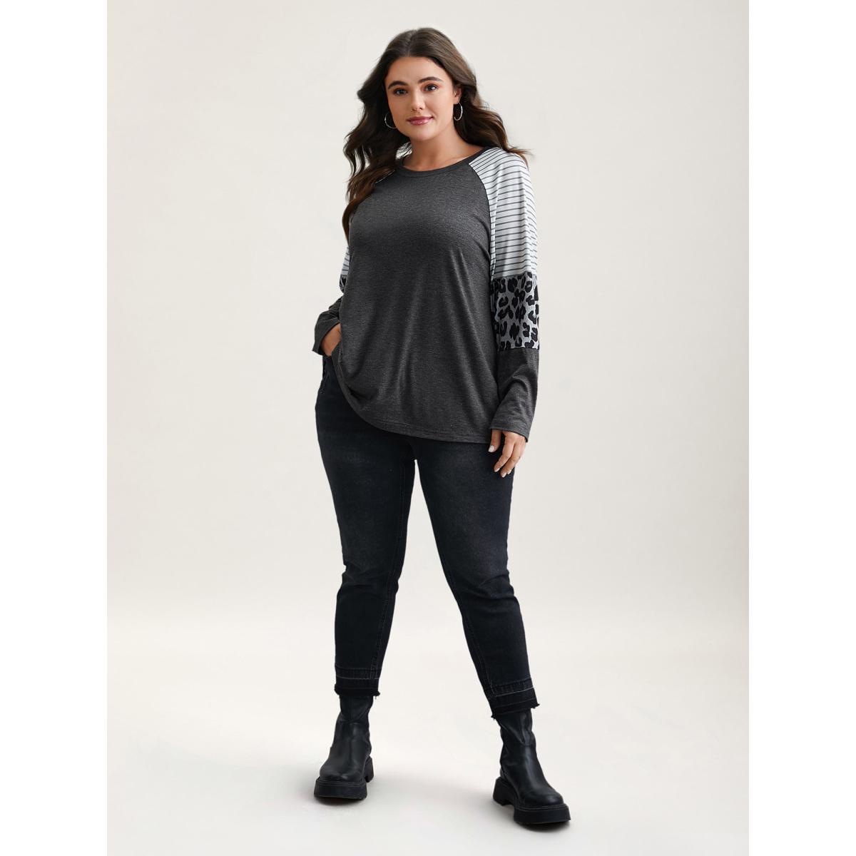 Plus Size Mixed Leopard Print Raglan Sleeve T-Shirt DimGray Women Casual Contrast Round Neck Everyday T-shirts BloomChic 22-24/3X Product Image