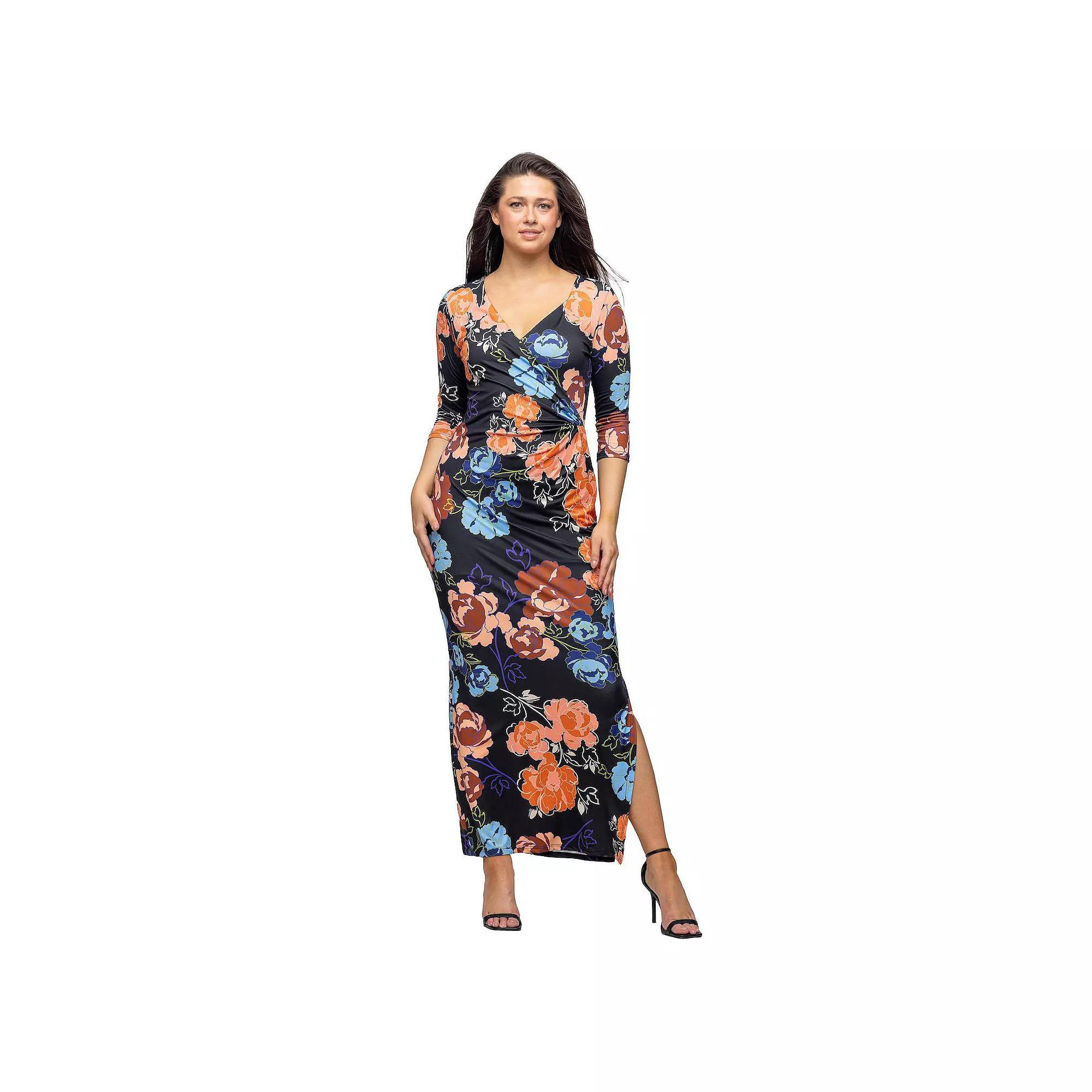 Women's 24Seven Comfort Apparel Three-Quarter Sleeve Side Slit Maxi Dress, Size: Large, Black Team Product Image