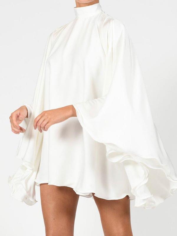 Solid Color High-Neck Backless Flared Sleeves Mini Dress Product Image