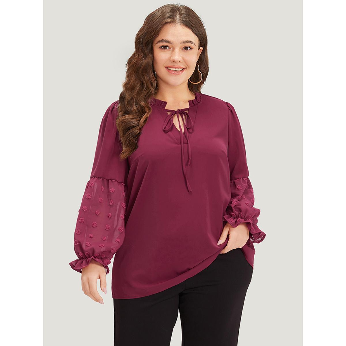 Plus Size Purple Anti-Wrinkle Plain Knot Neck Frill Trim Lantern Sleeve Blouse Women Casual Long Sleeve Tie Neck Everyday Blouses BloomChic 30/6X Product Image