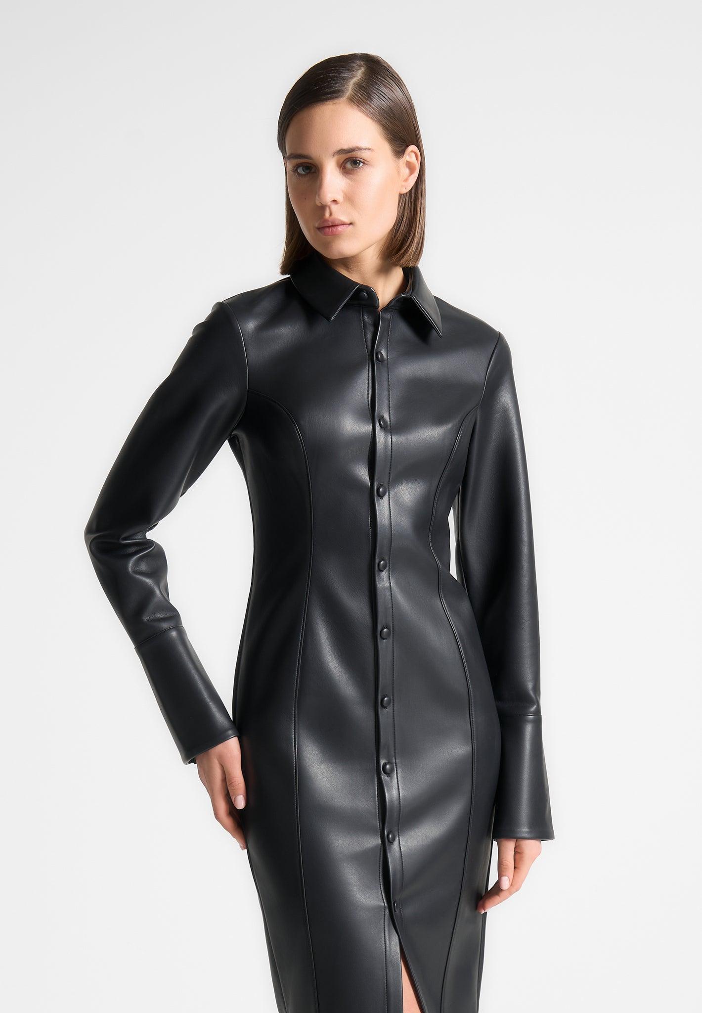 Leather Midaxi Shirt Dress - Black Female Product Image