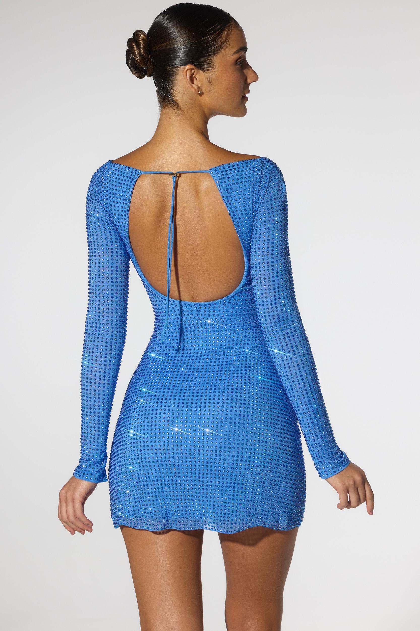 Embellished Corset Open Back Long Sleeve Mini Dress in Cobalt Blue Product Image