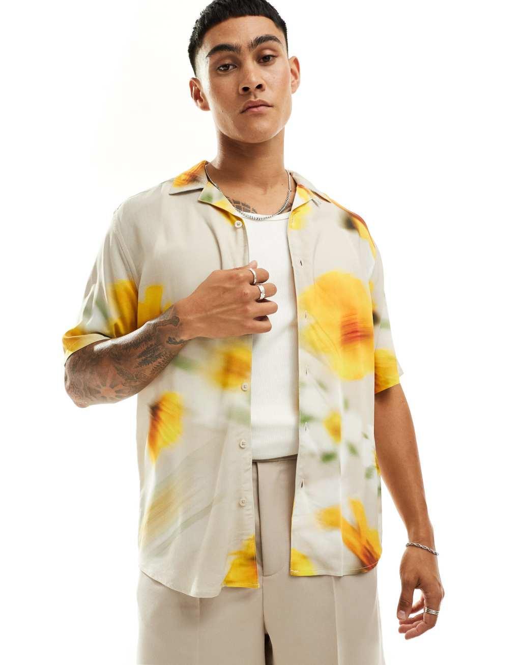ONLY & SONS revere collar viscose shirt with blurred floral print in beige Product Image