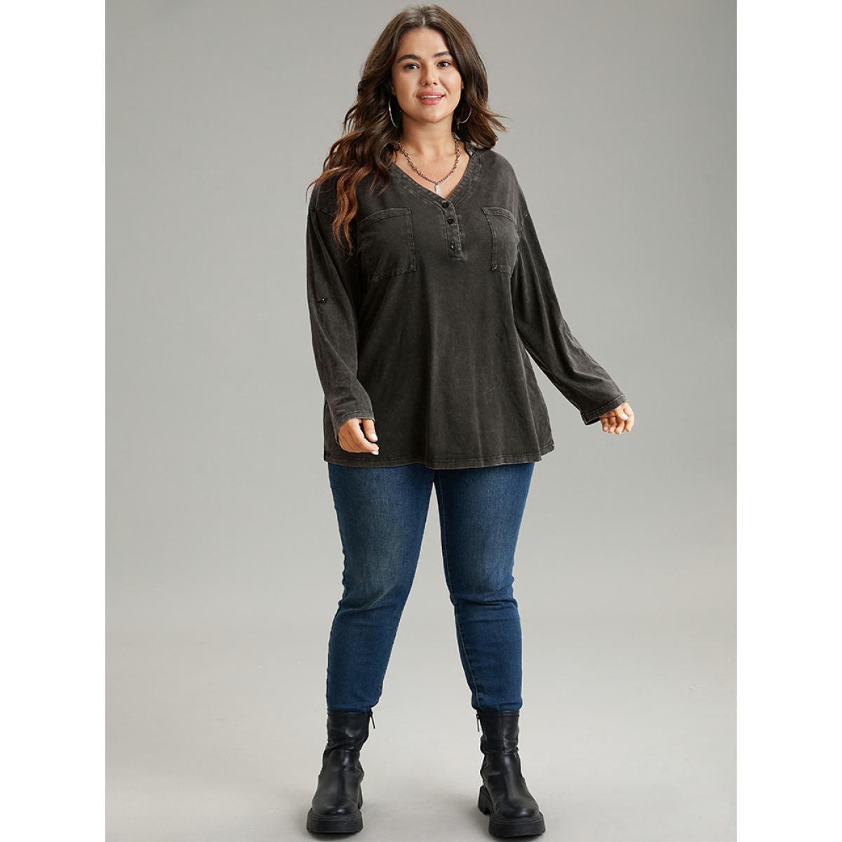 Plus Size Vintage Roll Tab Sleeve Button Up T-shirt Black Women Casual Plain Plain V-neck Dailywear T-shirts BloomChic 26/4X Product Image