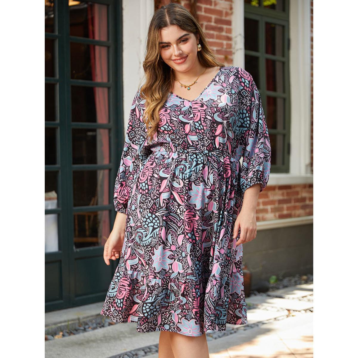 Plus Size Floral Print Lantern Sleeve Elastic Waist Dress Multicolor Women Vacation Elastic cuffs V-neck Elbow-length sleeve Curvy Midi Dress BloomChic 26/4X Product Image
