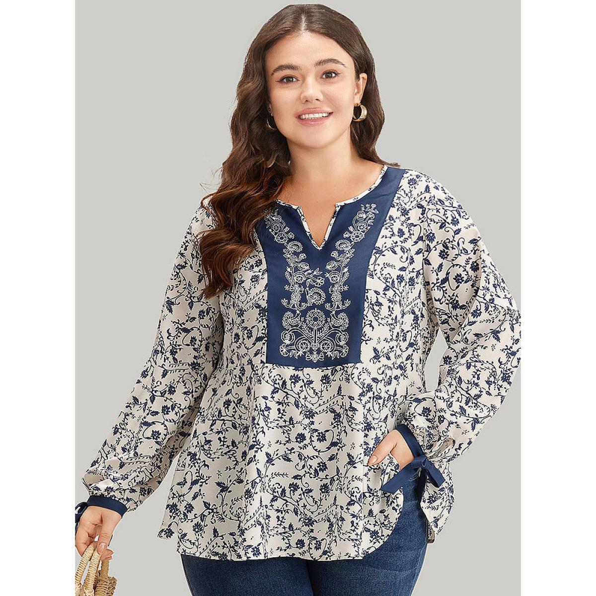 Plus Size Multicolor Boho Print Notched Knot Lantern Sleeve Blouse Women Vacation Long Sleeve Notched collar Dailywear Blouses BloomChic 30/6X Product Image