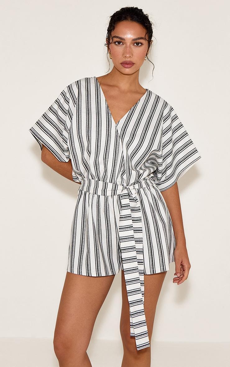 White Woven Stripe Bag Wing Tie Romper Product Image