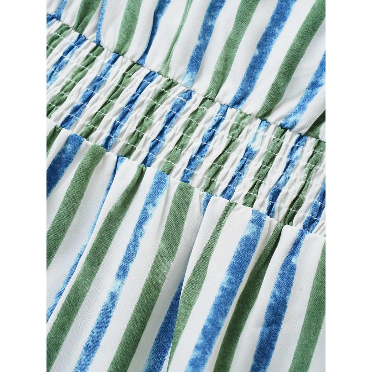 Plus Size Striped Ruffle Cap Sleeve Shirred Dress Mediumblue Women Resort Shirred V-neck Cap Sleeve Curvy BloomChic 12/L Product Image