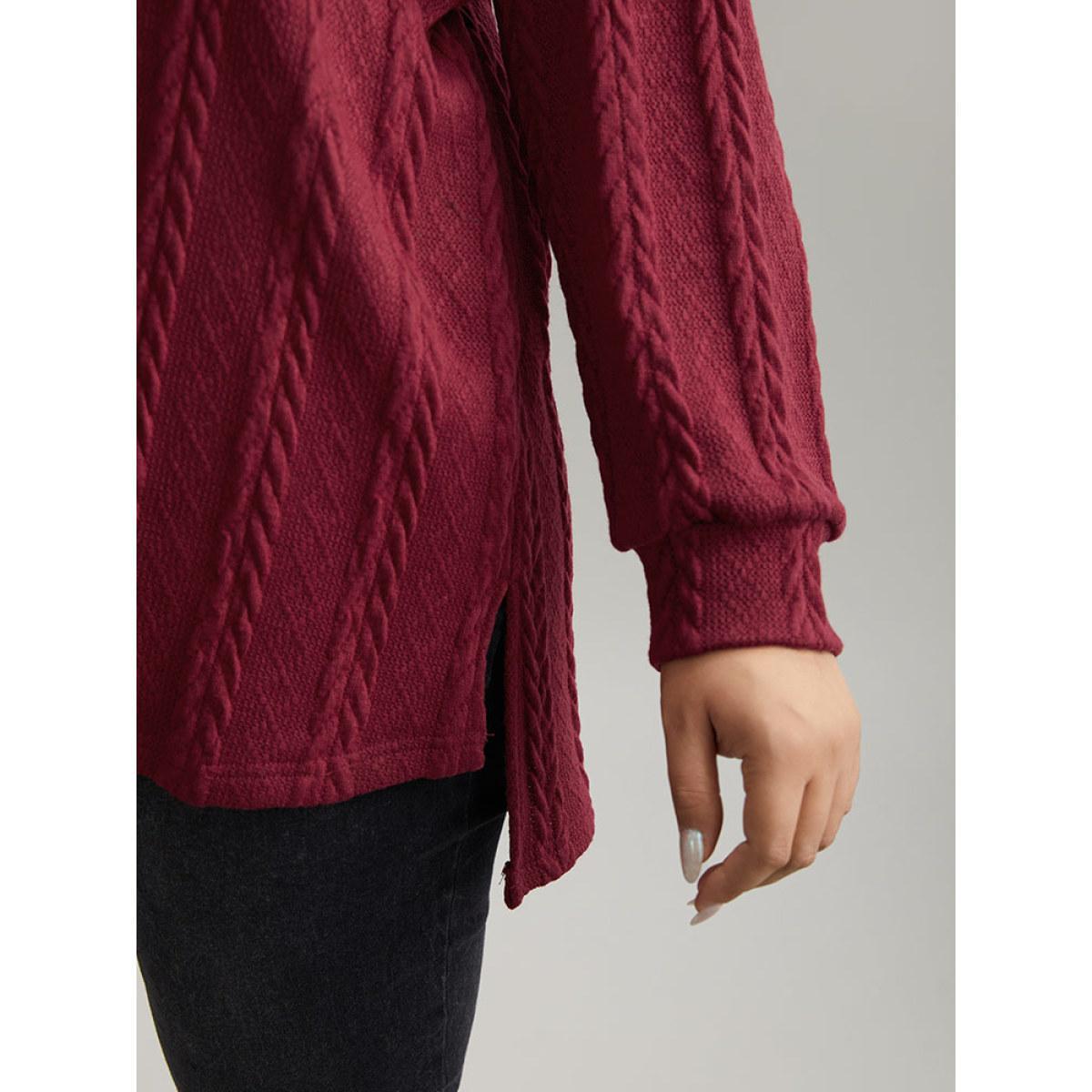 Plus Size Plain Cable Knit Elastic Cuffs Sweatshirt Women Raspberry Casual Texture V-neck Dailywear Sweatshirts BloomChic 30/6X Product Image