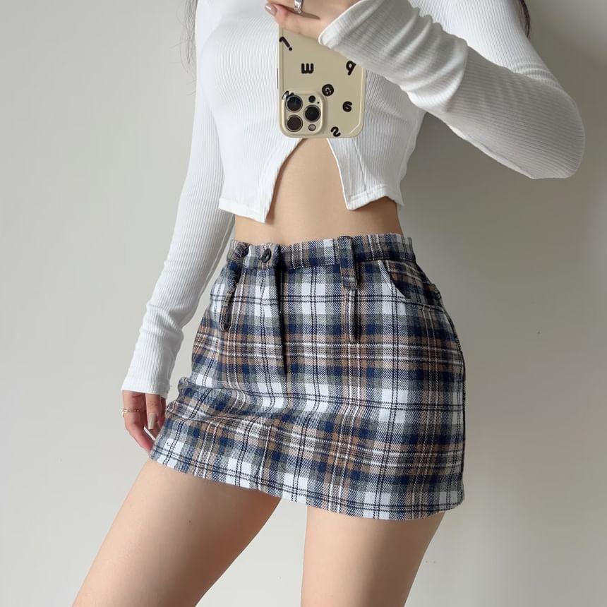 Low Rise Plaid Mini Pencil Skirt Product Image