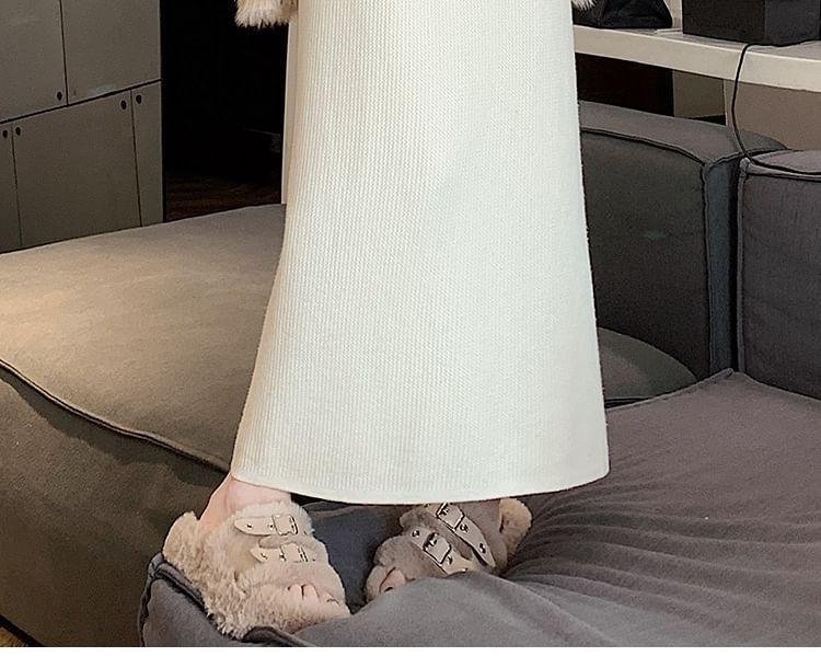 High Rise Plain Slit Knit Midi A-Line Skirt Product Image