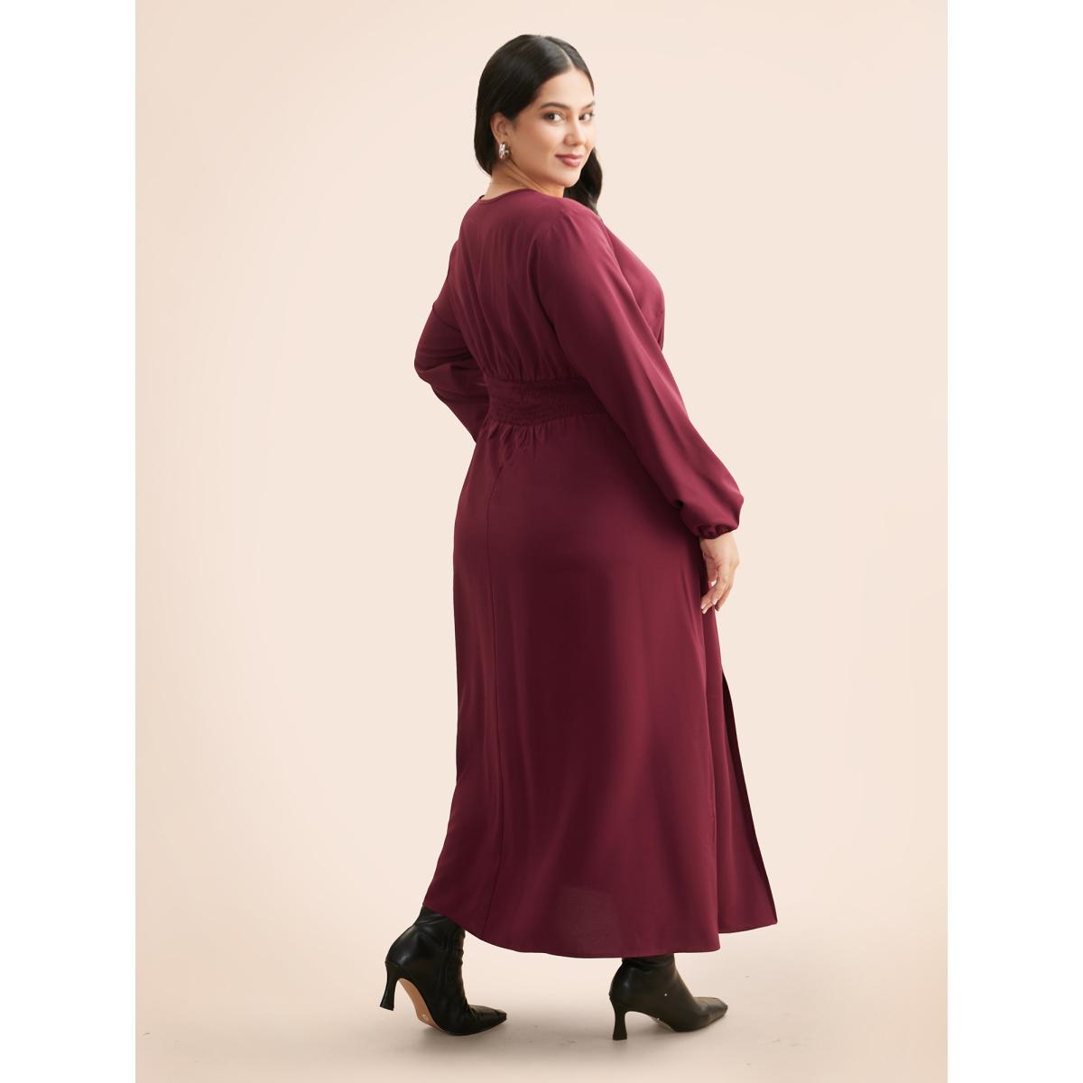 Plus Size Overlap Collar Ruched Lantern Sleeve Maxi Dress Burgundy Women Elegant Gathered Overlap Collar Long Sleeve Curvy BloomChic 30/6X Product Image