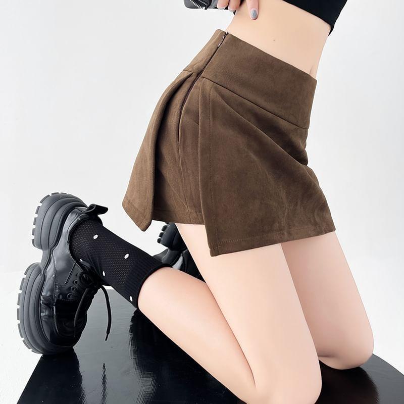 High Waist Plain Slit Faux Suede Mini Pencil Skort Product Image