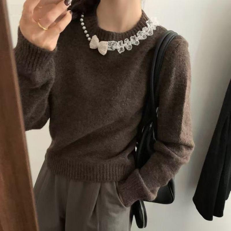 Crew Neck Bow Faux Pearl Sweater Product Image