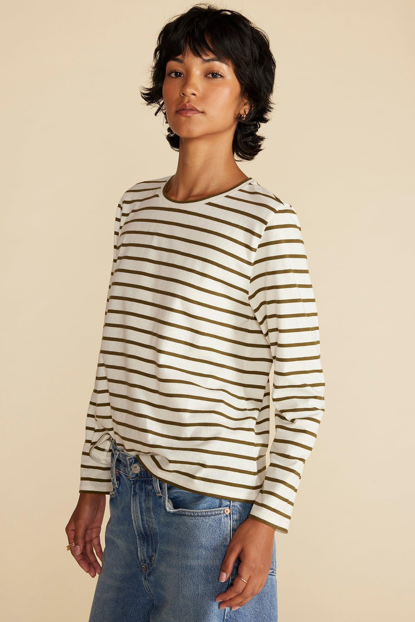 Berkeley Long Sleeve Tee - Ivory and Olive Green Stripe Product Image