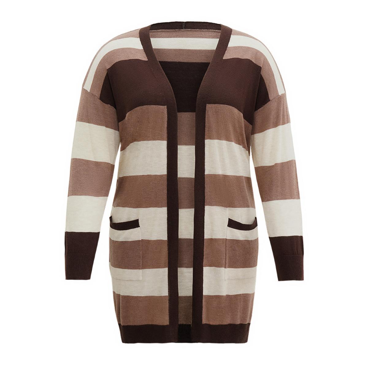 Plus Size Supersoft Essentials Colorblock Contrast Pocket Cardigan DarkBrown Women Casual Loose Long Sleeve Dailywear Cardigans BloomChic 14-16/1X Product Image
