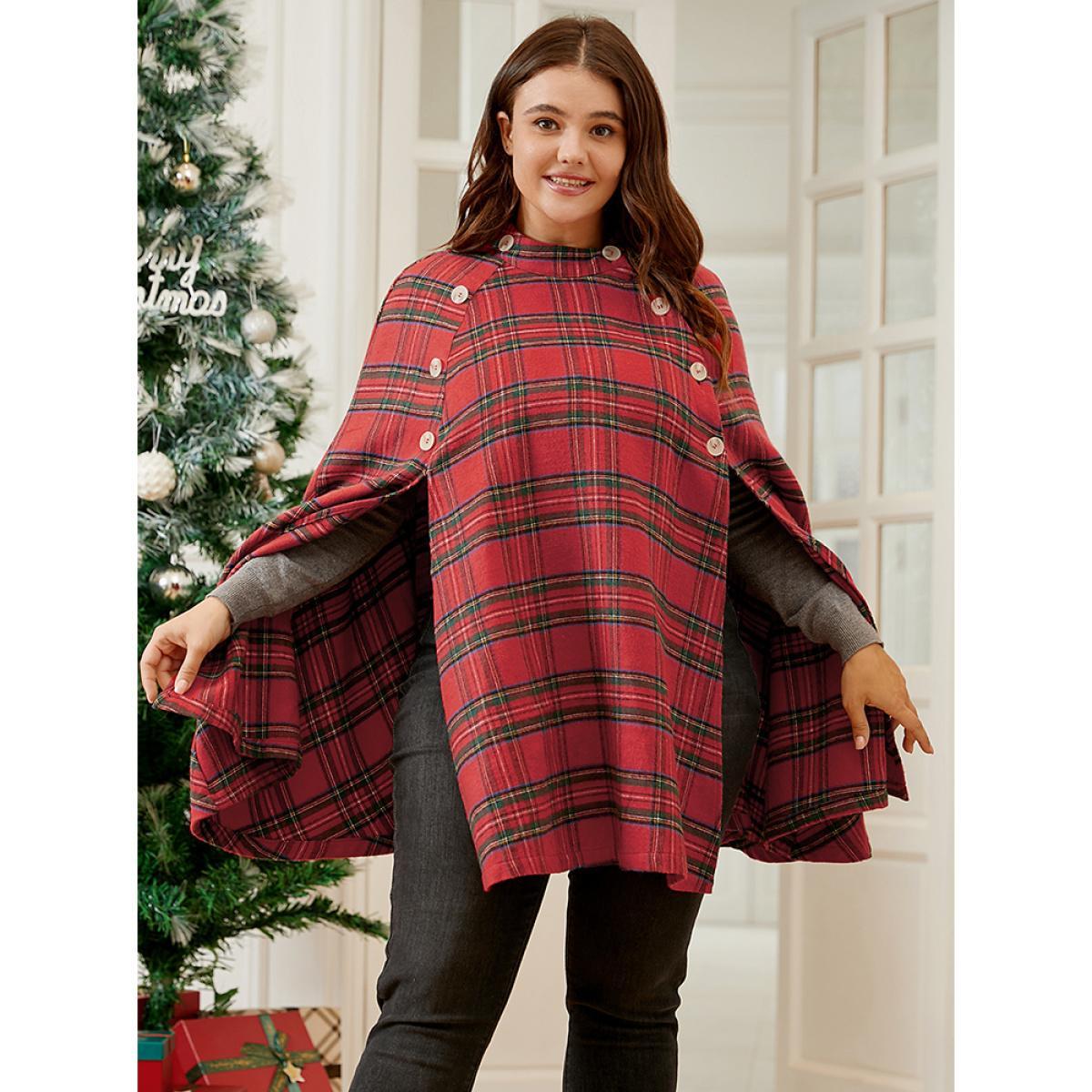 Plus Size Tartan Button Side Cape Coat Without Hat Women Scarlet Elegant Button Loose Ladies Dailywear Winter Coats BloomChic 28/5X Product Image