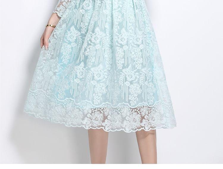 Set: Long Sleeve Round Neck Plain Floral Embroidered Faux Pearl Button Mesh Top + High Waist Midi A-Line Skirt Product Image