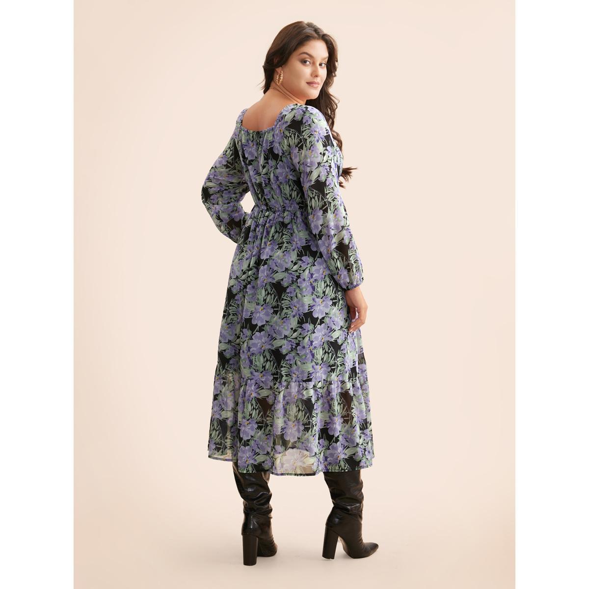Plus Size Heart Neckline Floral Contrast Webbing Dress BlackFlower Women Elegant Woven ribbon&lace trim Heart neckline Long Sleeve Curvy BloomChic 22-24/3X Product Image